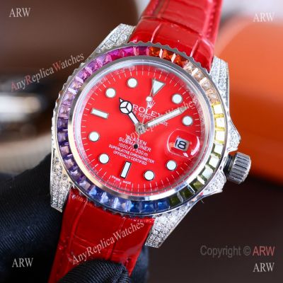 Top Replica Rolex Submariner Rainbow Bezel Red Leather Diamond Watch